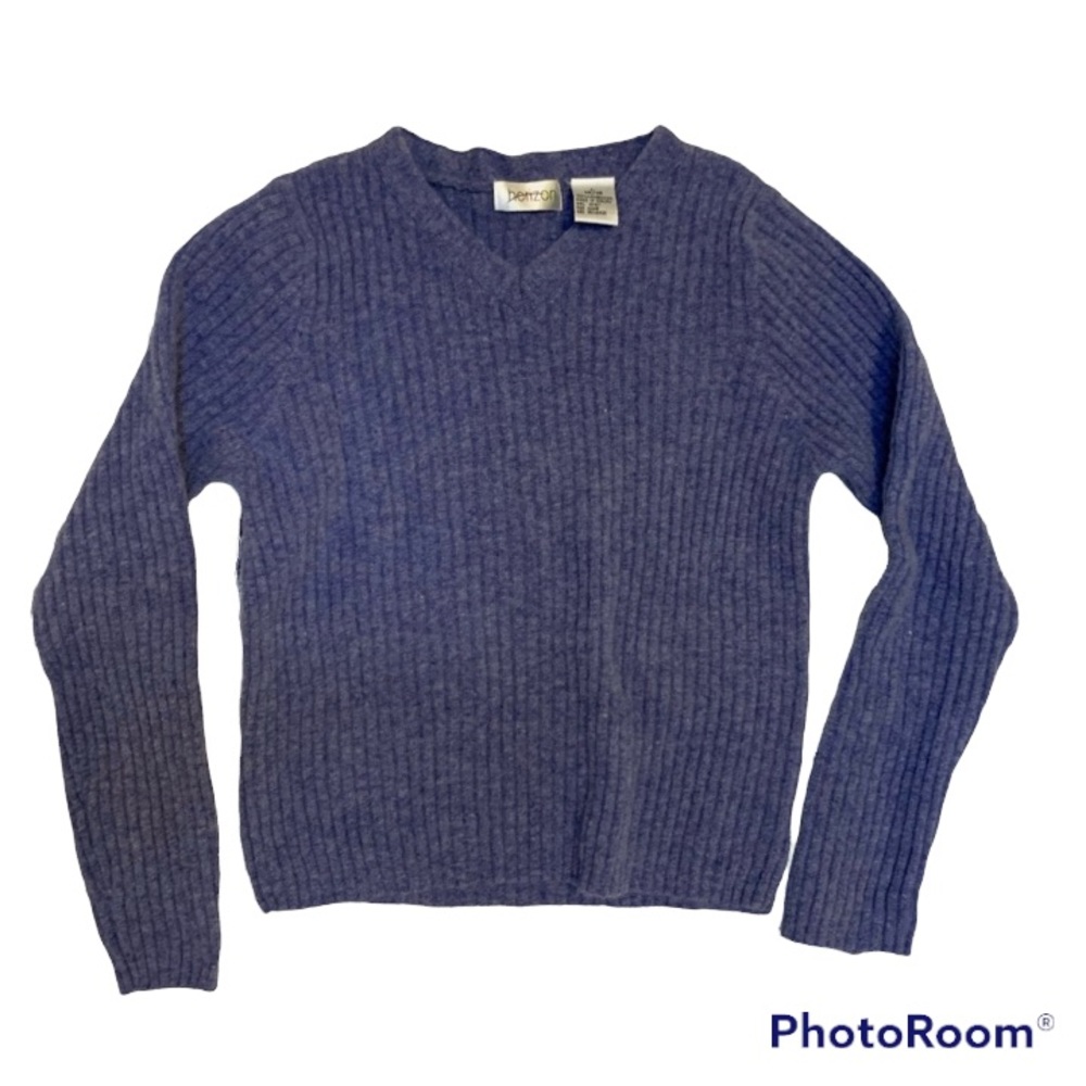 Vintage 100% Lamb  Wool Blue V Neck